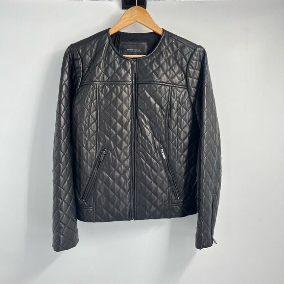 Neiman Marcus Womens Full Zip Quilted Stud Trim Leather Jacket Medium - Picture 1 of 8